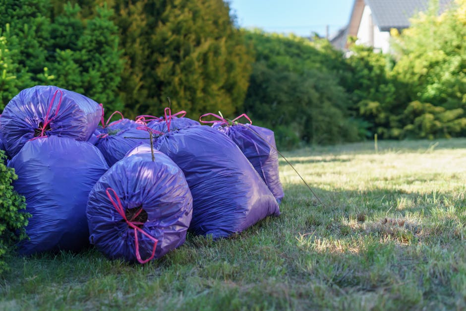 A row of purple plastic bags filled with garden waste, tied with red string, sit on a grassy lawn next to a hedge on the left. The background features a lush green hedge, trees, and a residential hous